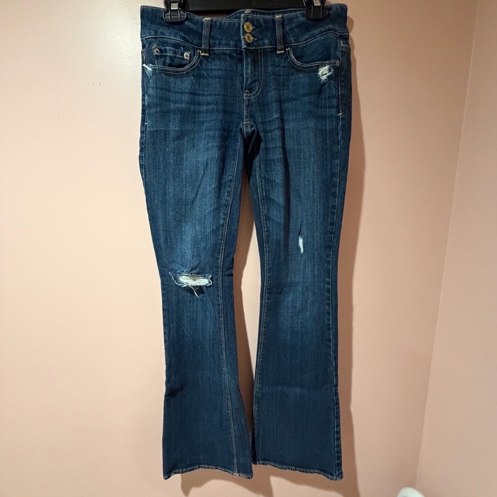 American Eagle Outfitters Dark Blue Distressed Flare Jeans